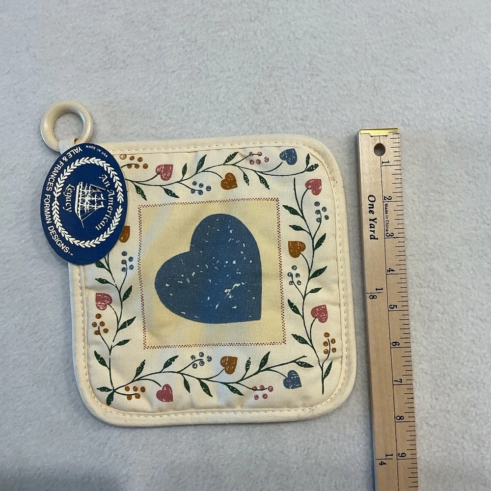 Yale & Frances Forman Designs Linen Kitchen Towel Potholder Blue Pink Hearts VTG